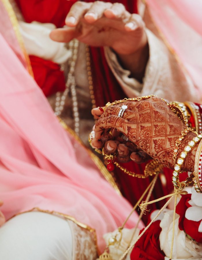 Frontview of indian bride and groom's hands on traditional wedding ceremony