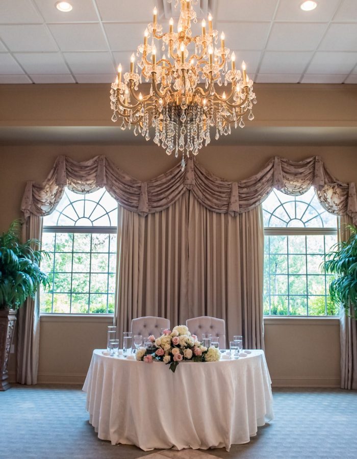 A shot of the bride's and groom's table at the wedding reception